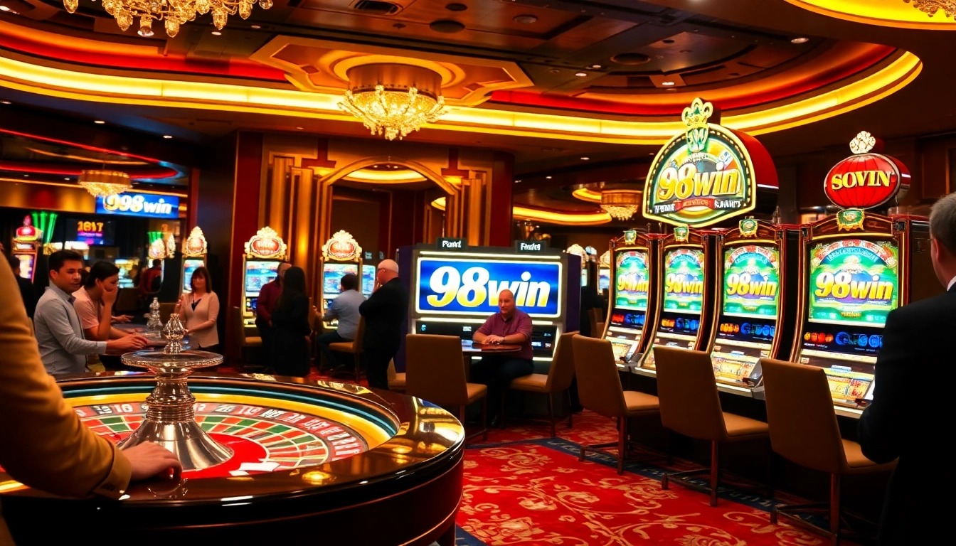 Experience the excitement at 98win with players enjoying slot machines and a luxurious casino atmosphere.