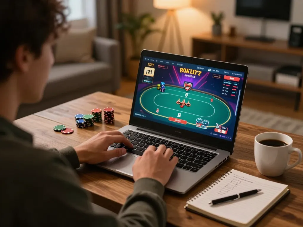 Engaging online poker gameplay showcasing du88 có uy tín không in a cozy home office setting.