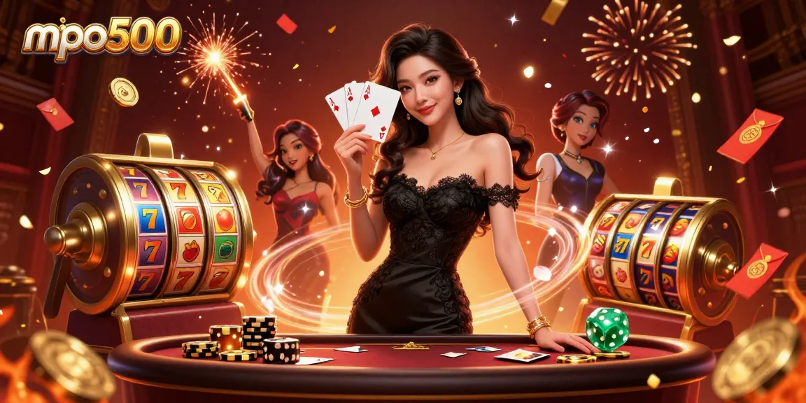 Experience excitement at mpo500 with an elegant woman showcasing winning poker hands in a vibrant casino.