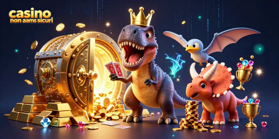 Scopri il mondo dei casino non AAMS sicuri, con un T-Rex e altri amici in un'illustrazione animata scintillante.