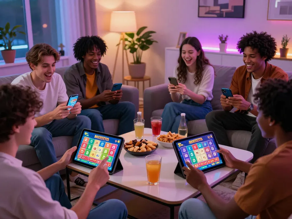 BAYITOTO gaming experience with friends enjoying Toto 4D online on smartphones and tablets in a lively setting.