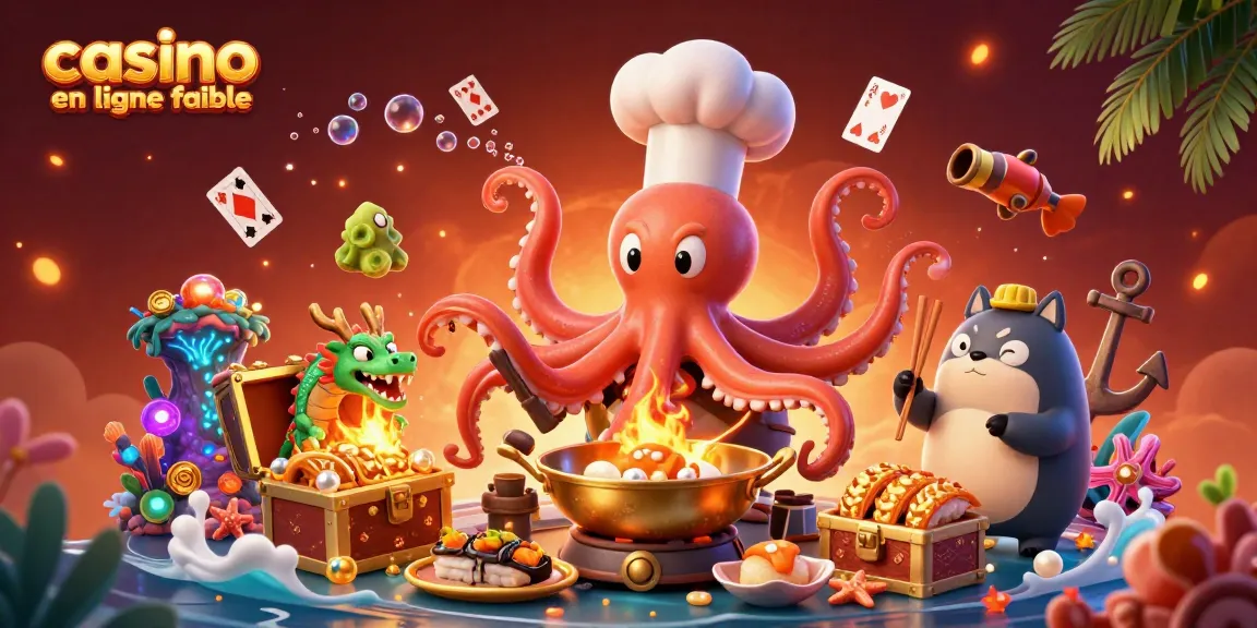 Un moment captivant au casino en ligne fiable avec un chef sushi en 3D, un dragon et un client tanuki.