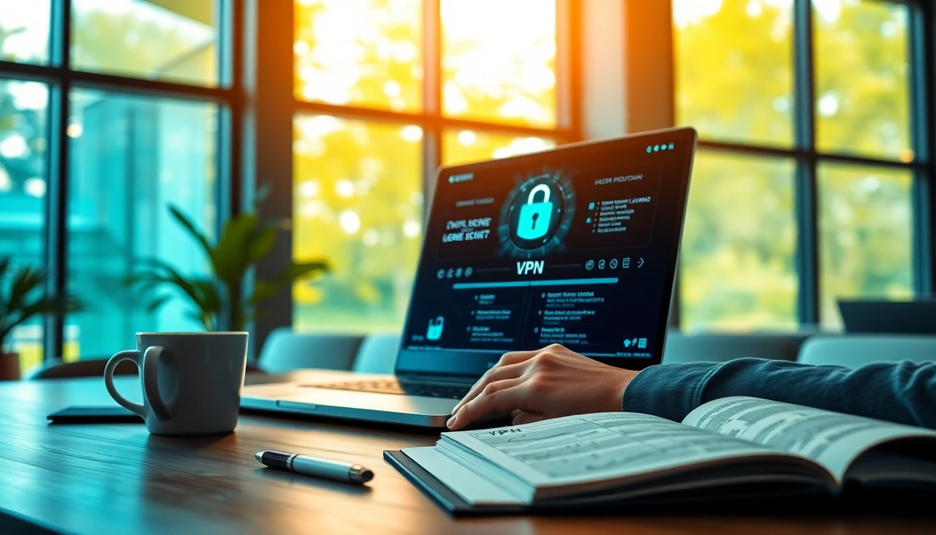 快连vpn下载 on a laptop in a modern workspace, showcasing innovative technology and security.