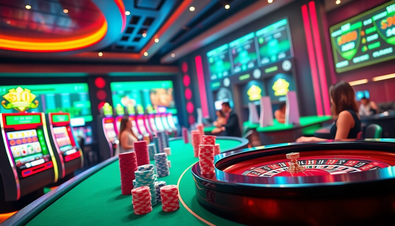 Engage in thrilling gameplay at Hi88's vibrant online casino, with poker chips and flashing slot machines.