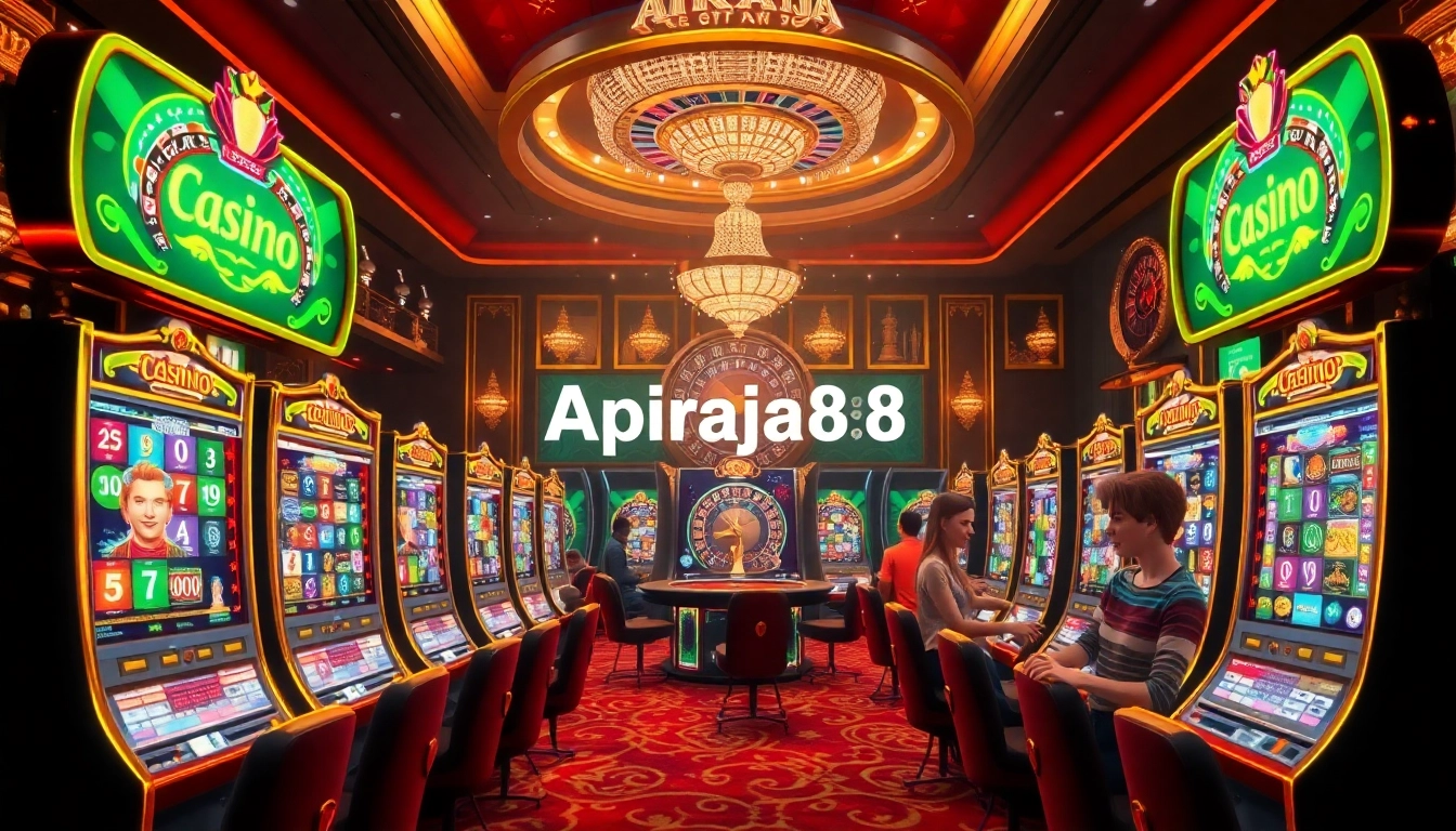 Players enjoying vibrant slot online apiraja88 machines in a luxurious casino.
