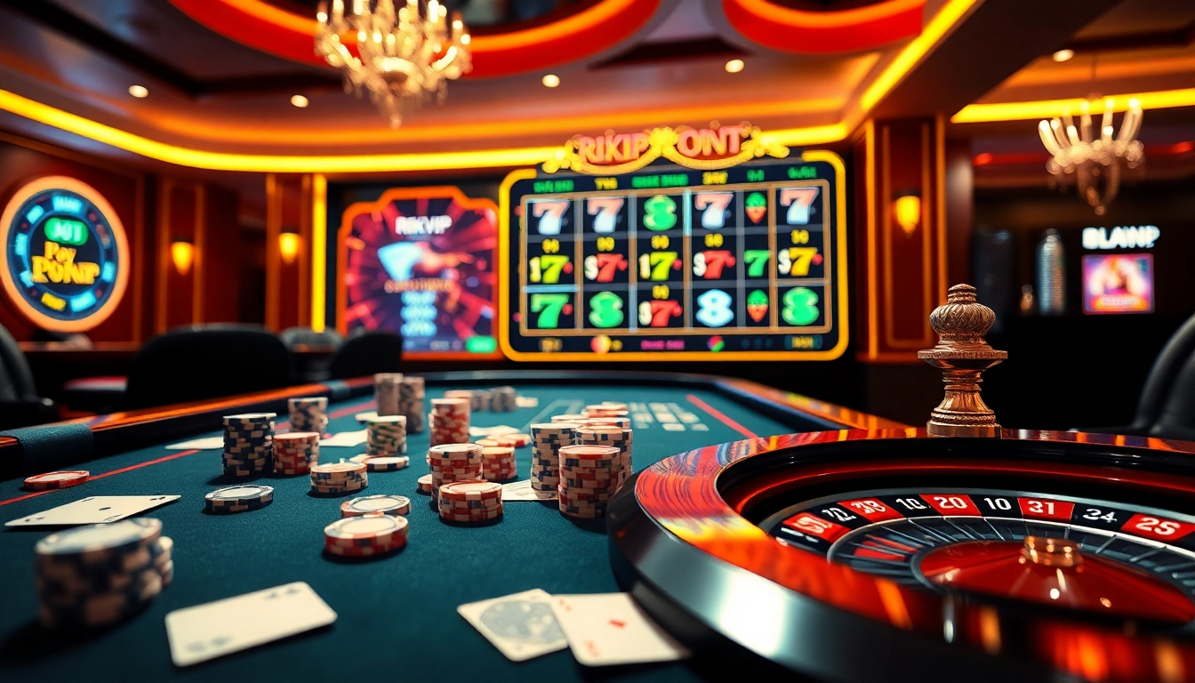 Play at https://rikvip1.online/tac-gia/ with excitement at a luxurious casino table featuring poker chips and cards.