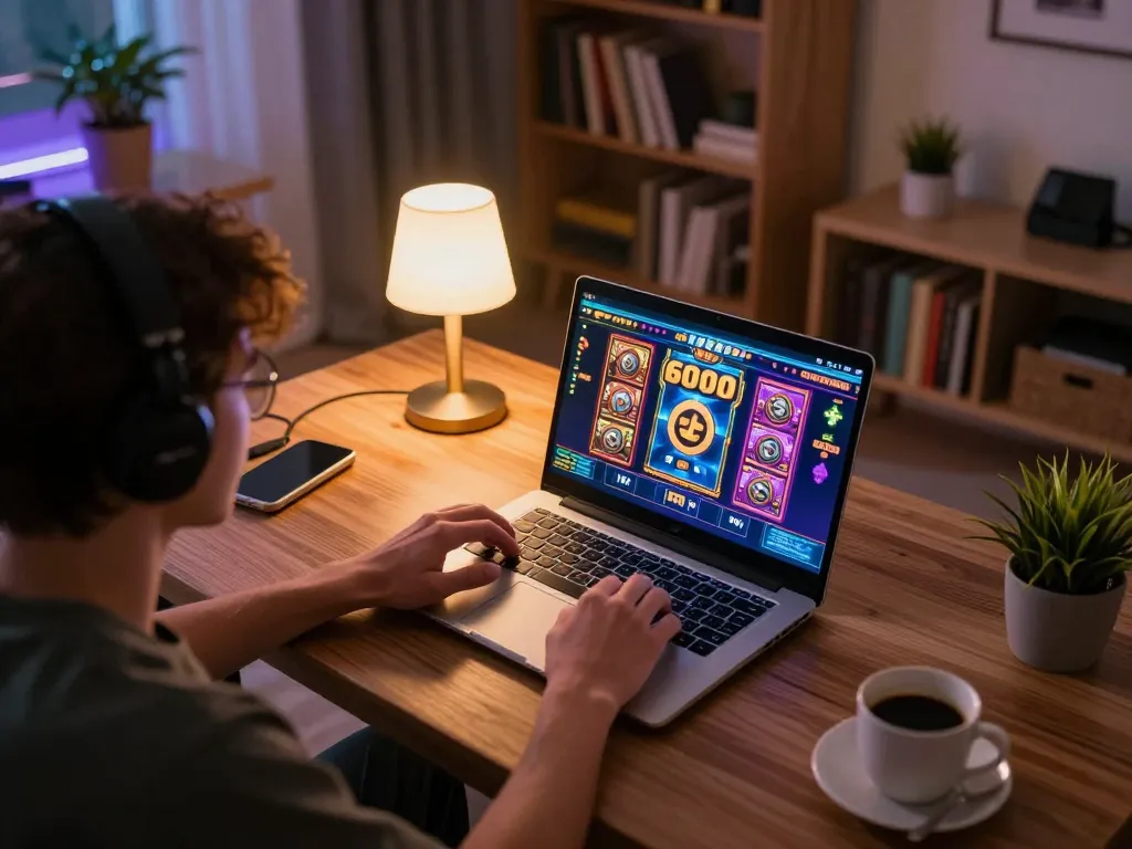 Engaging in dynamic gameplay on slot6000 at a stylish home gaming setup
