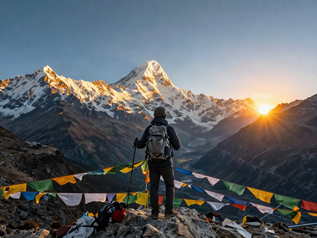 Manaslu Circuit Trek hiker at Larkya La Pass enjoying stunning mountain views and golden sunrise.