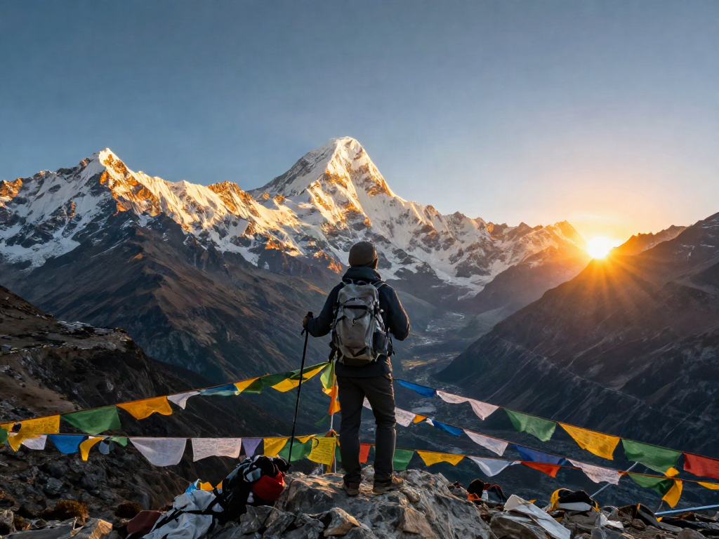Manaslu Circuit Trek hiker at Larkya La Pass enjoying stunning mountain views and golden sunrise.