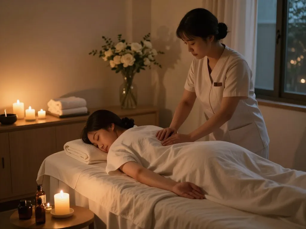 Relaxing 서울출장마사지 in a tranquil home setting with soothing ambiance and professional therapist.