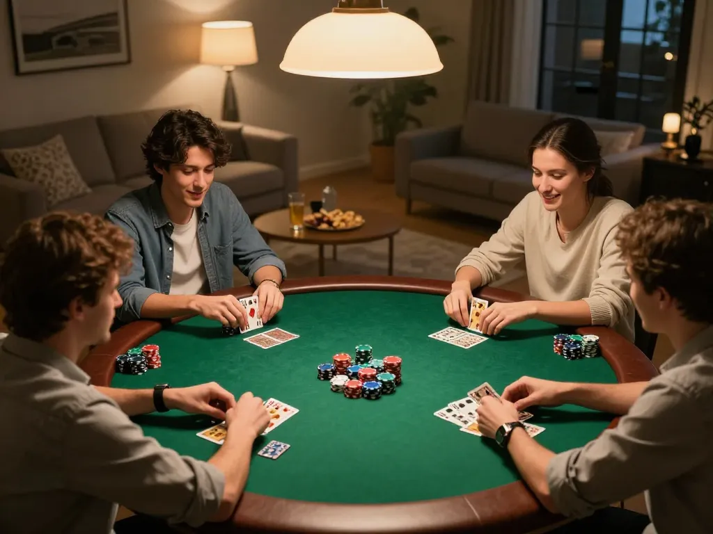 Friends playing poker at home with 8kbet strategy discussions and fun.