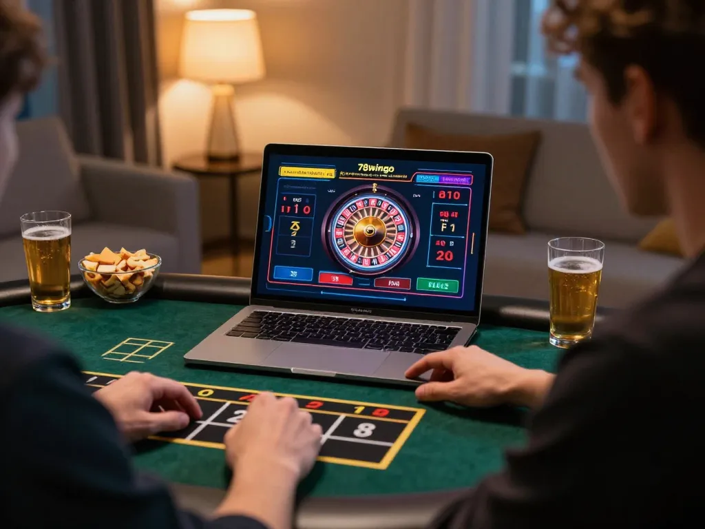 Person enjoying live dealer games at home while using 78wingo for online gambling.