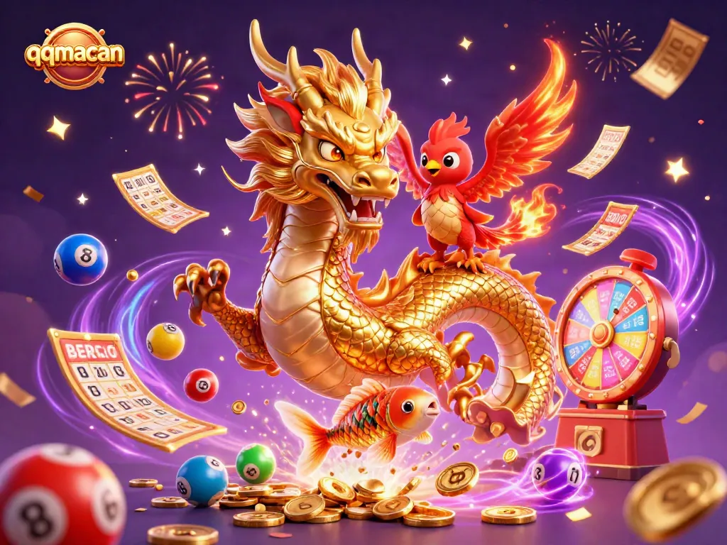 Engage in thrilling games with qqmacan's vibrant 3D casino illustration featuring a powerful dragon and luck symbols.