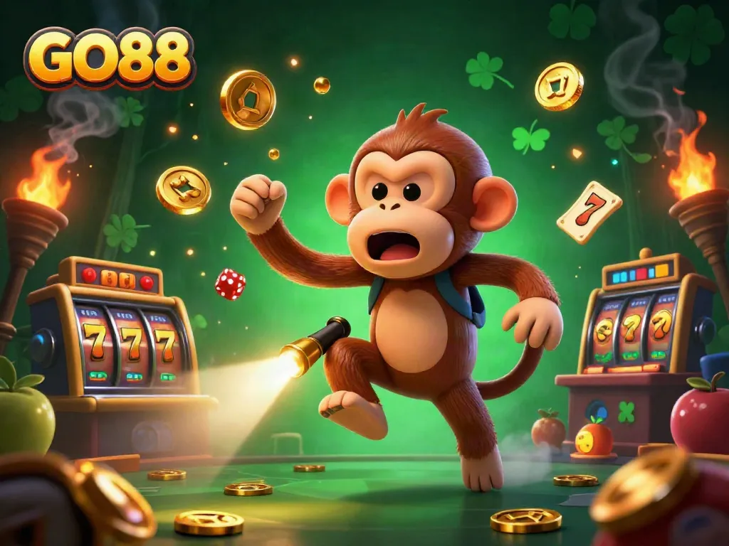 Experience the excitement of GO88 with a playful poltergeist monkey and a curious ghost-hunter puppy in a dynamic casino illustration.