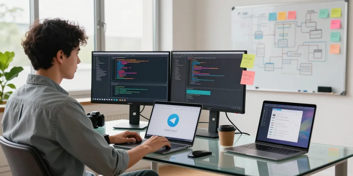 Innovative tech workspace with Telegram app design and coding screens while discussing 纸飞机中文版 features.