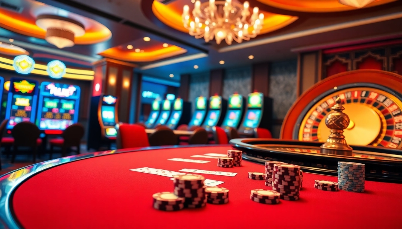 Experience the excitement of winning at BL555’s luxurious casino featuring vibrant tables and slot machines.