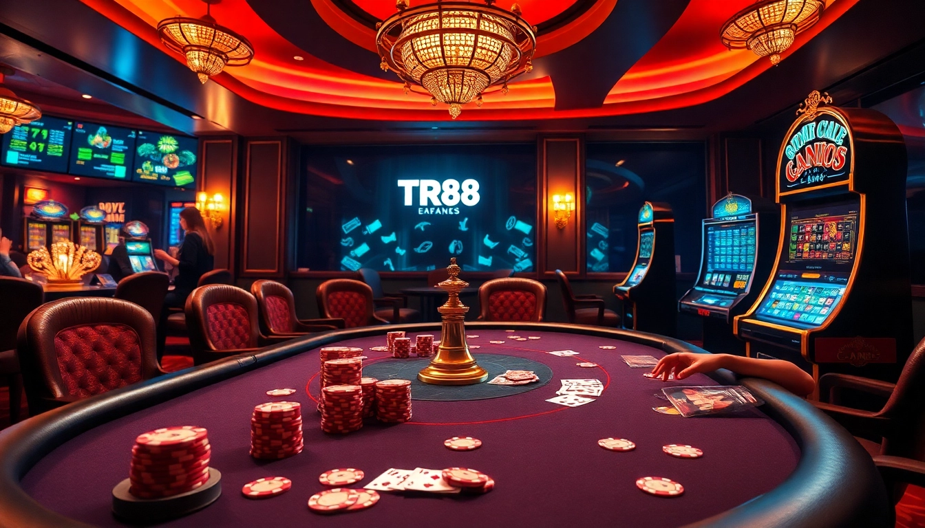 Engage in high-stakes gaming with TR88-inspired casino elements, showcasing poker chips and roulette.