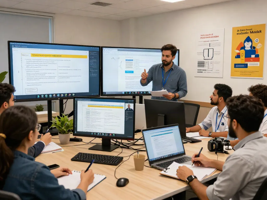 Engaged professionals pursuing the NVQ Level 6 in Saudi Arabia, participating in a virtual training session with safety materials.