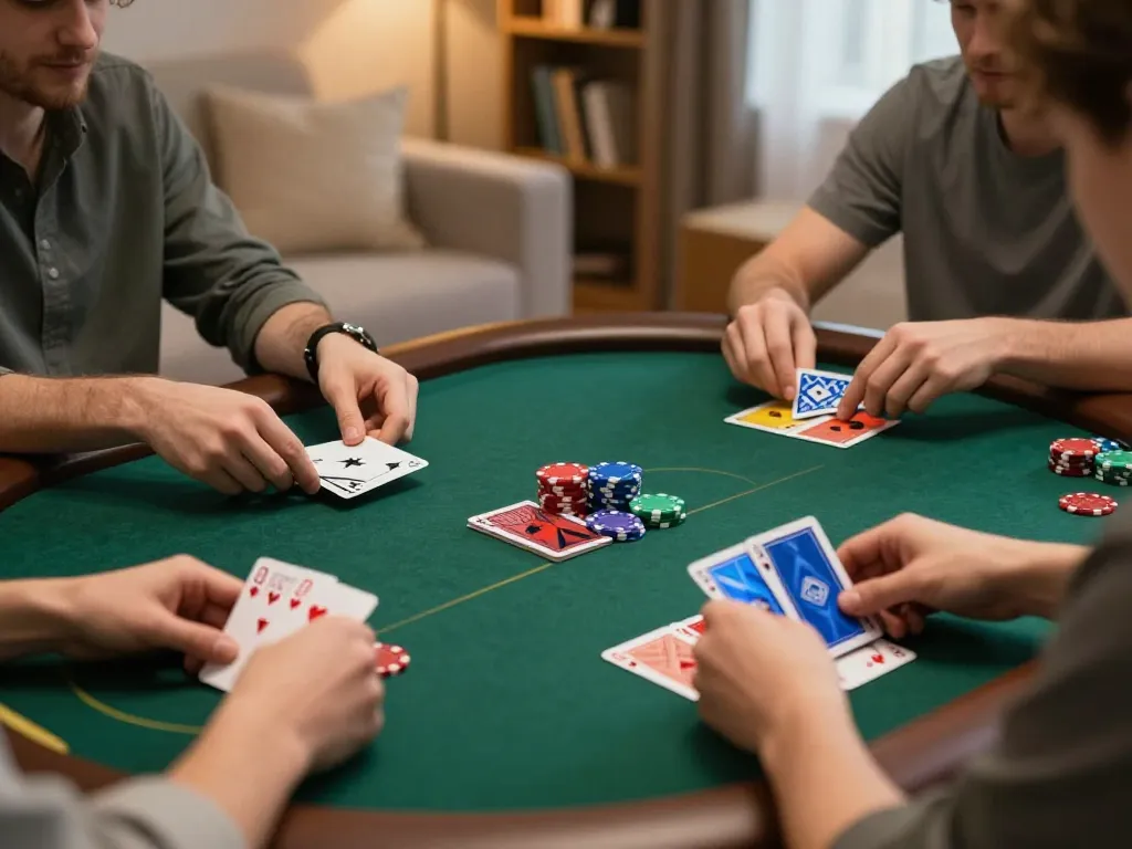 Engaging in slot77 online gameplay with digital cards on touchscreen, cozy home setting.