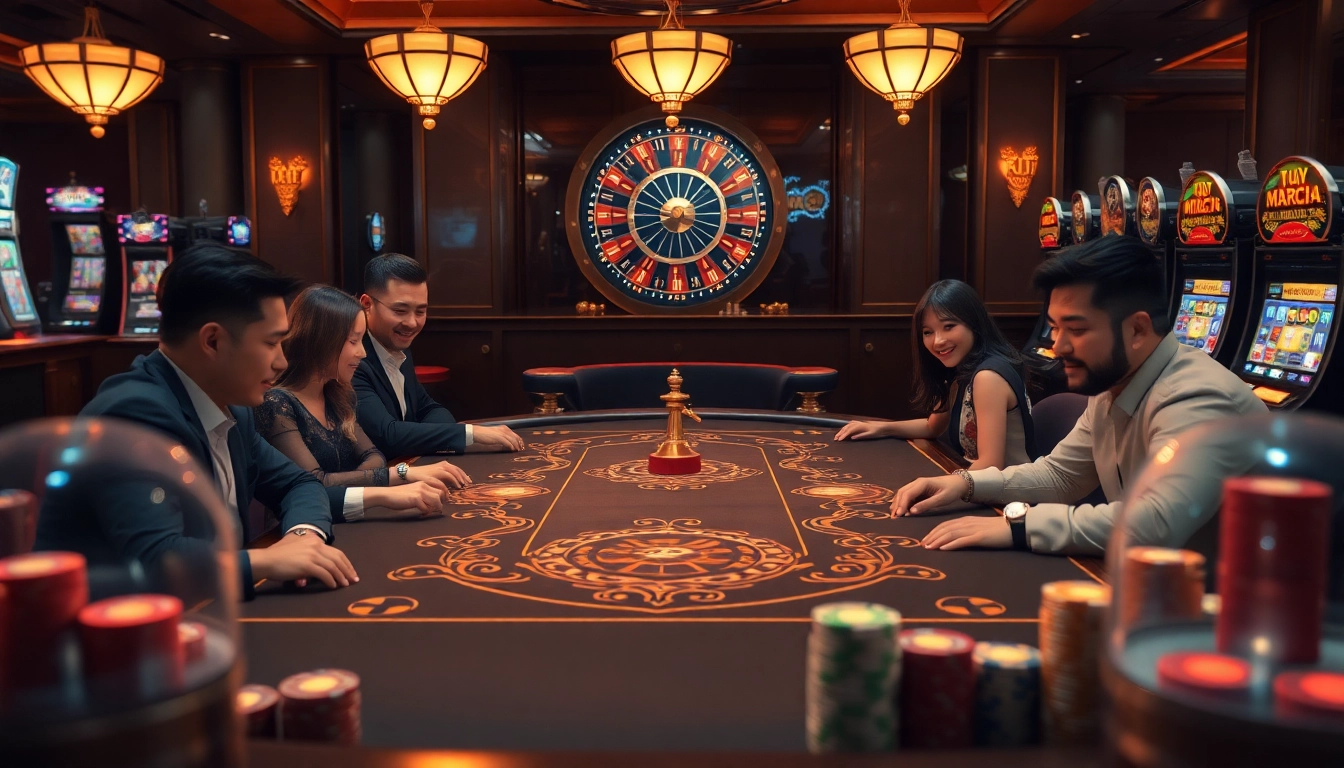 Players enjoying the excitement of Tài Xỉu MD5 at a lavish casino table, showcasing vibrant chips and professional atmosphere.