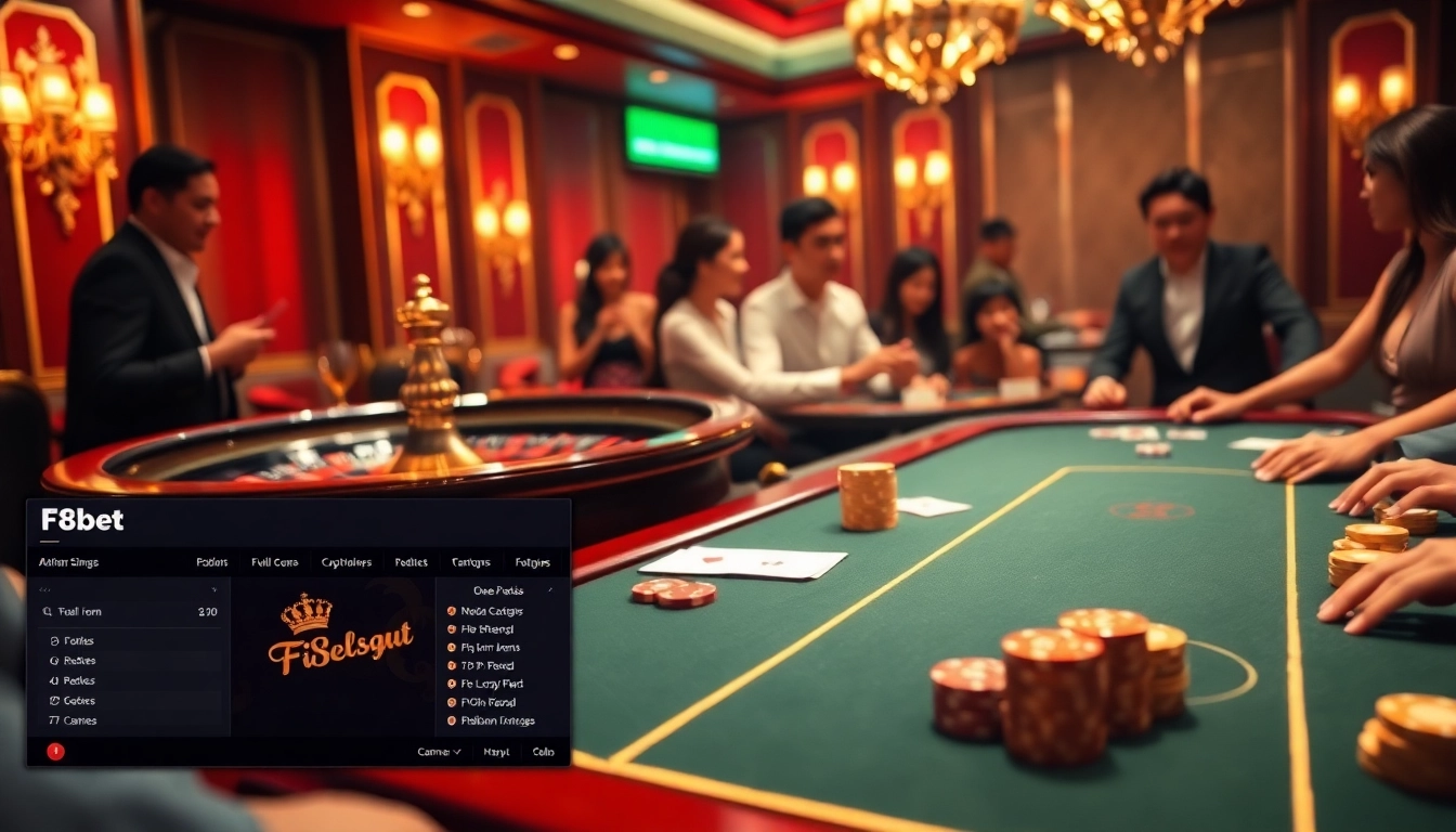 Players enjoying an exhilarating moment at F8bet's luxurious casino table, featuring vibrant cards and chips.