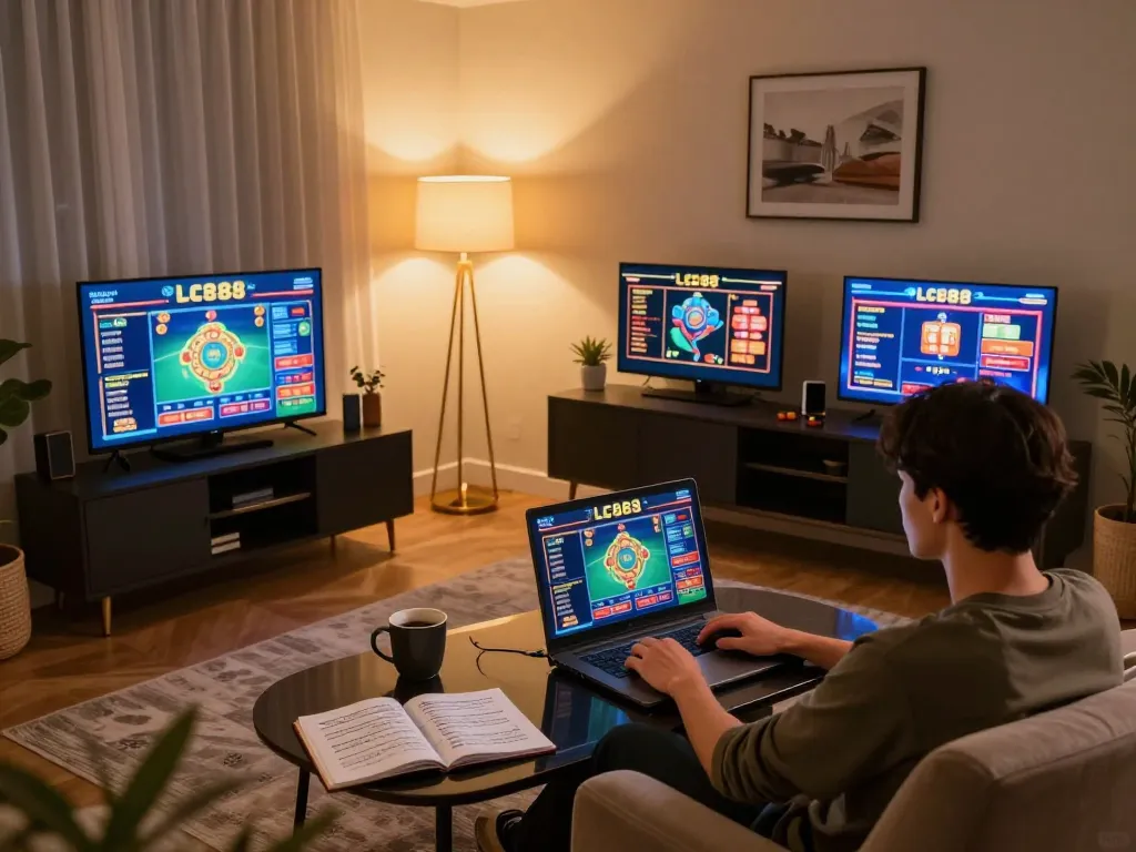 Experience strategic online gaming with LC88 on a modern laptop in a cozy, warm setting.