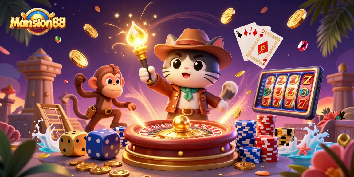 Experience the thrill of Mansion88 with a cartoon explorer uncovering golden casino artifacts amidst dazzling treasures.