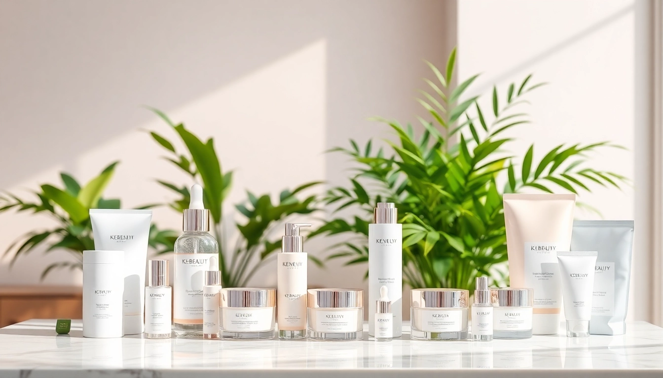 K-beauty hudvårdsprodukter noggrant arrangerade på en marmorbänkskiva med mjukt naturligt ljus.