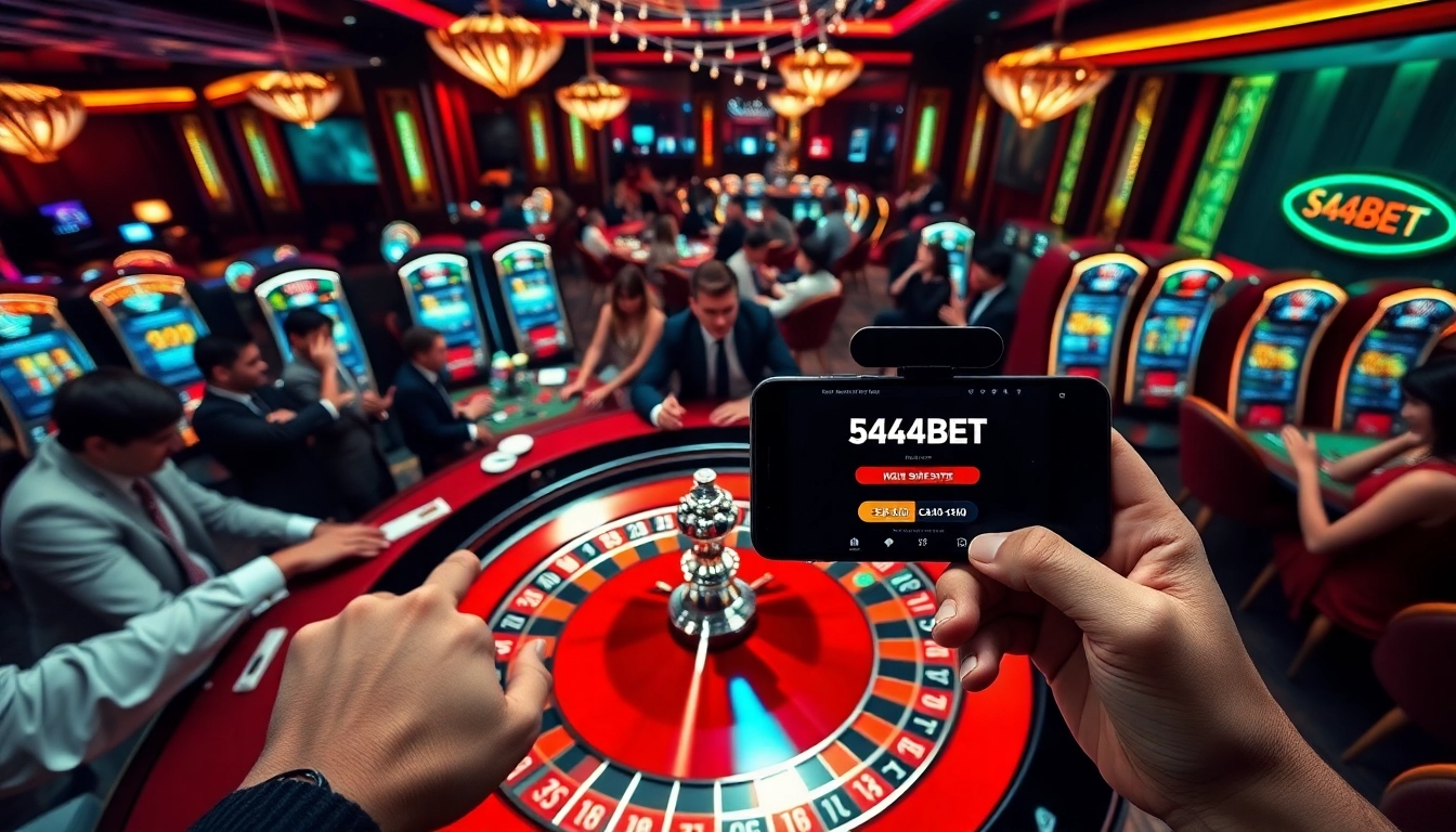 Players enjoying a thrilling game at a 54BET casino table with vibrant lights and excitement.