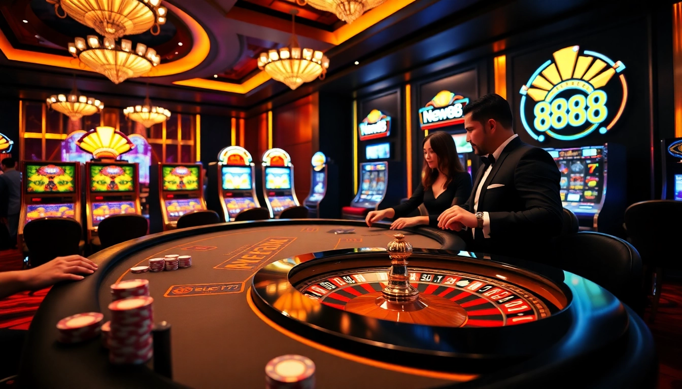 Experience the excitement of NEW88 at a luxurious casino table with vibrant gaming elements.