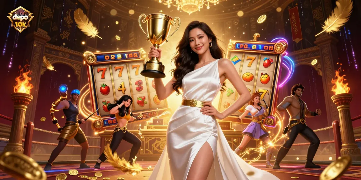 Experience thrilling slots action with slot depo 10k, showcasing vibrant casino elements and a victorious character.