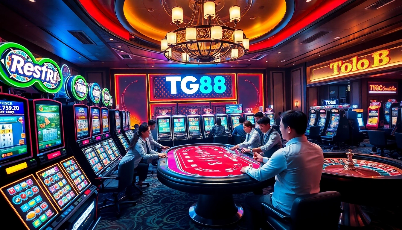 Experience the excitement of TG88 casino with players engaging in thrilling slot machine action.