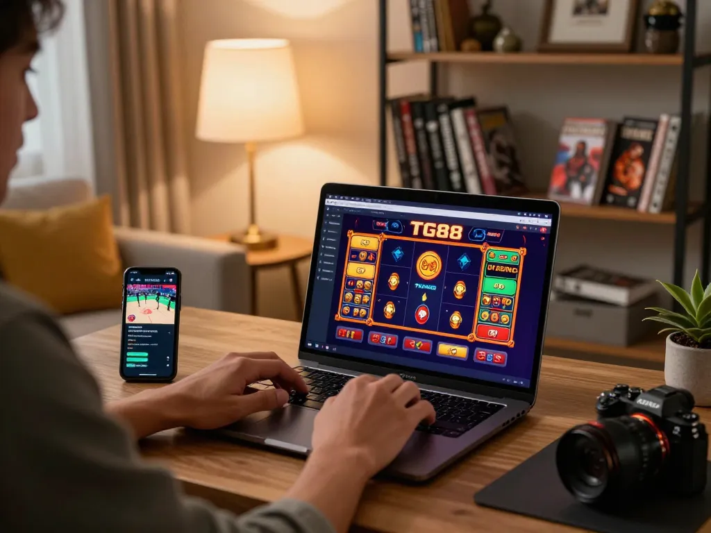 TG88 online gaming setup showcasing player engaging in responsible gambling within a cozy environment