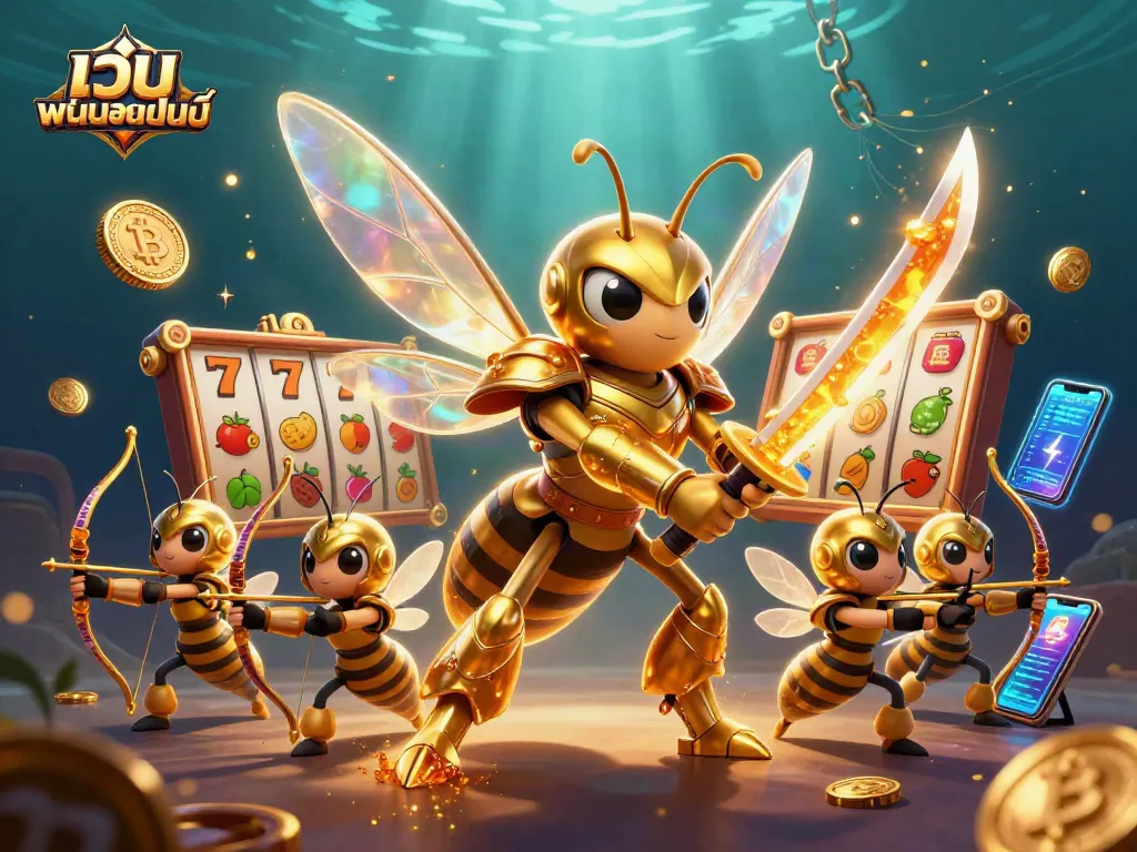 เล่นเกมพนันออนไลน์ที่เว็บ พนันออนไลน์ โดยมีสัญลักษณ์เสี่ยงโชคและบรรยากาศคาสิโนที่น่าตื่นเต้น