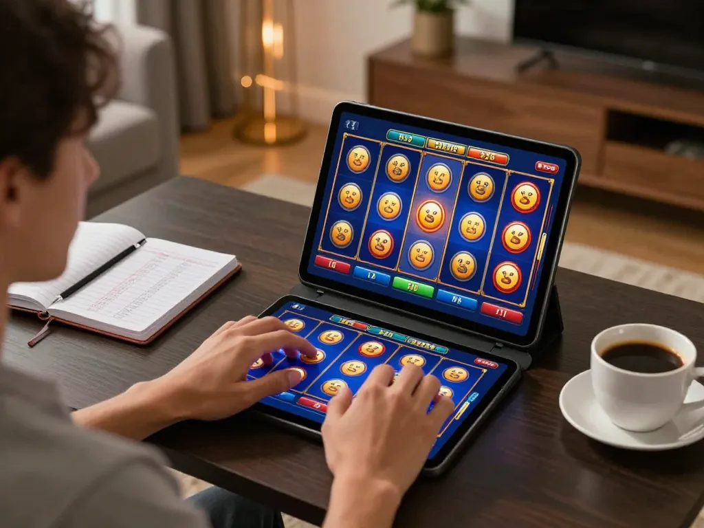 FAFA828 user enjoying a strategic online slot game in a cozy home environment.