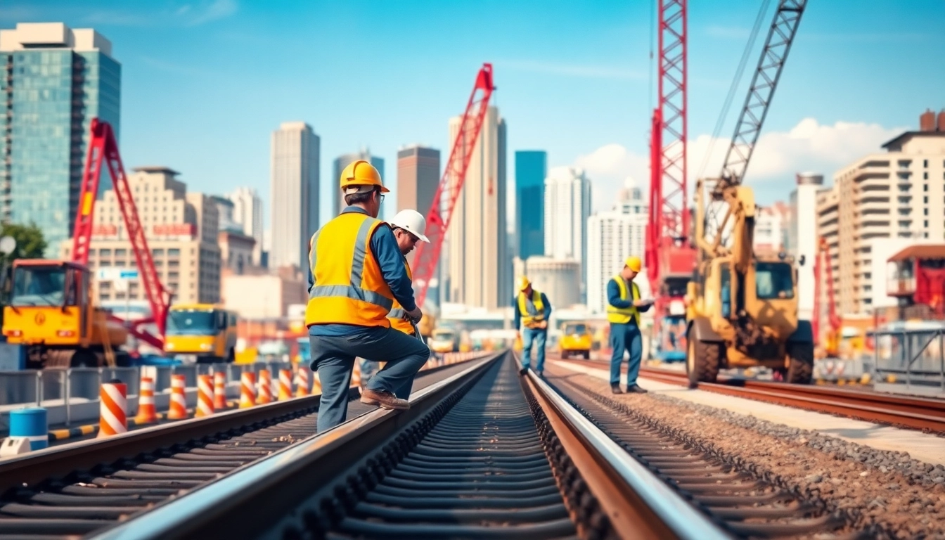 Railroad Contractors Near Me working on railway construction with equipment in the foreground.