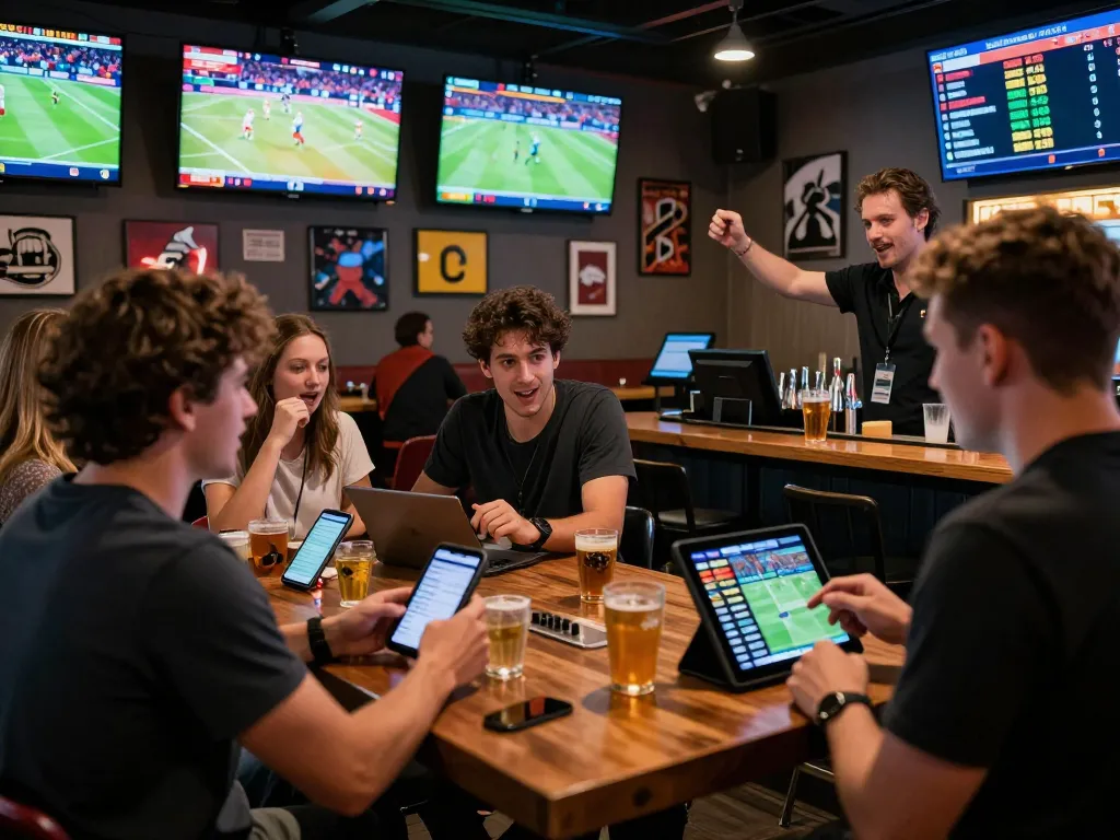 SBOBET sports bettors engaging with mobile apps during live matches in a lively bar setting