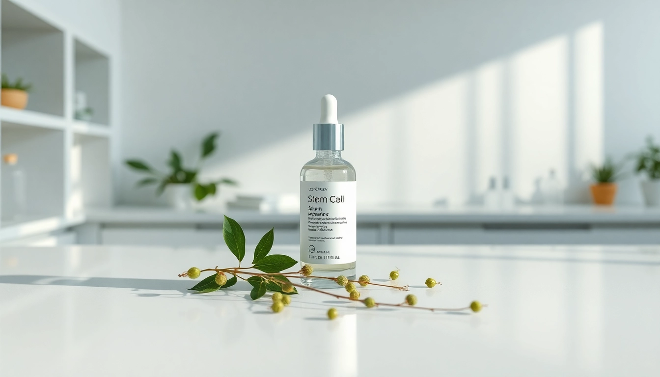 Enhance your routine with this stem cell skincare serum, showcasing botanical elements for natural beauty.