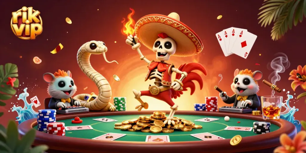 Experience the excitement with rik vip as the mariachi rooster celebrates amidst poker elements, showcasing a thrilling casino vibe.