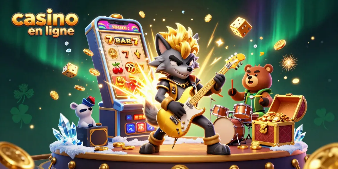 Jouer dans un casino en ligne avec le loup rock star et un ours batteur, entourés de machines à sous.