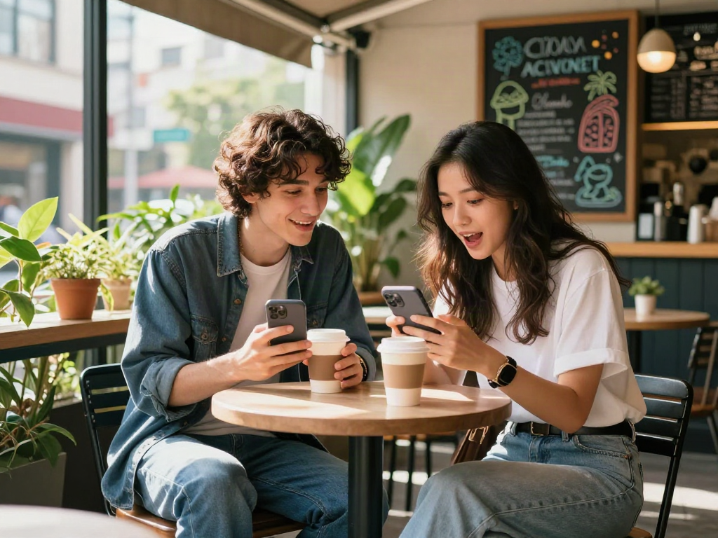 Two friends discovering which celebrity they look like while enjoying coffee at a café.