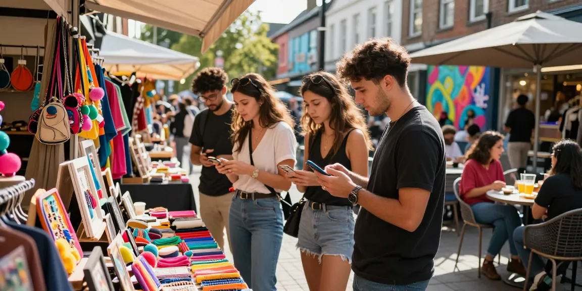 Group of friends exploring vibrant marketplace while checking deals at https://forumup.org/shop/search.php?ca_id=&addr1=&addr2=&addr3=&schKeyword= with colorful displays.