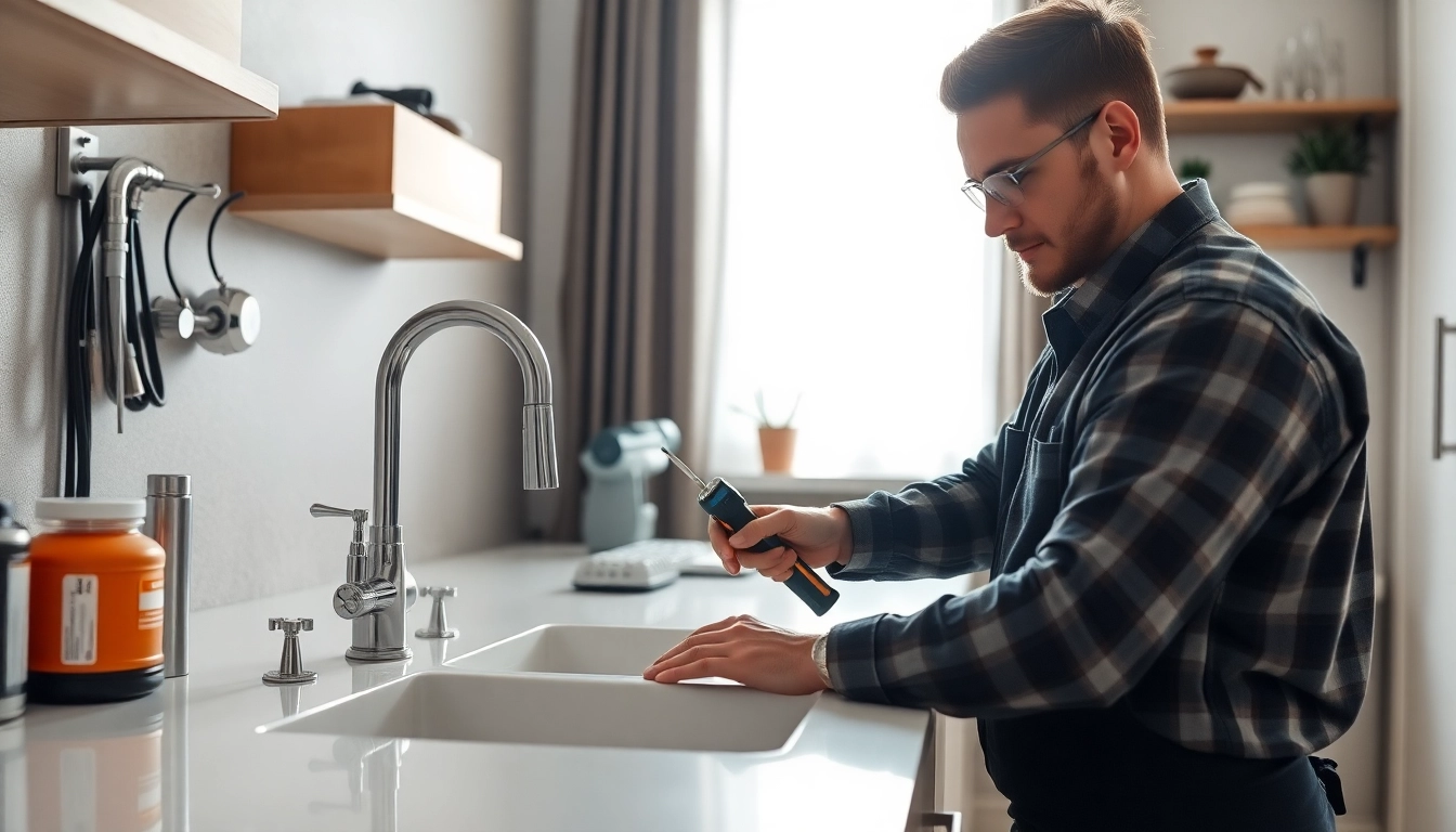 Skilled plumbers bristol fixing a kitchen sink with precision tools in a bright, modern setting.