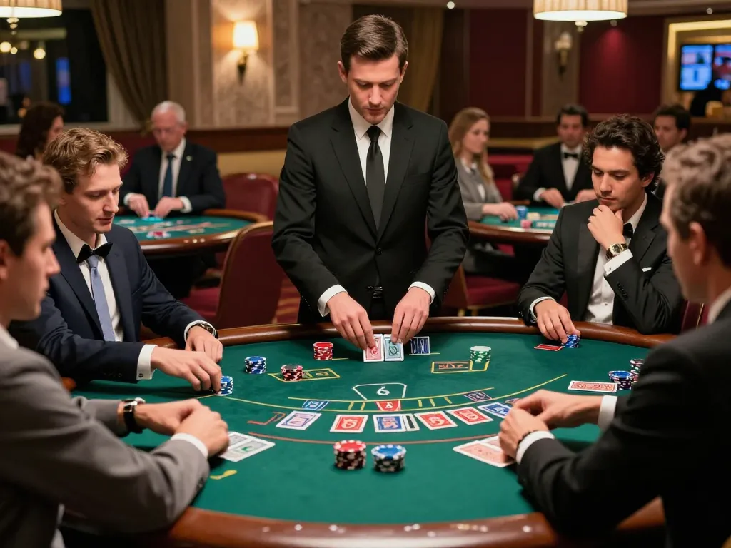 Engaged players at a blackjack table in ONE88.COM focused on their strategies in a luxurious casino setting.