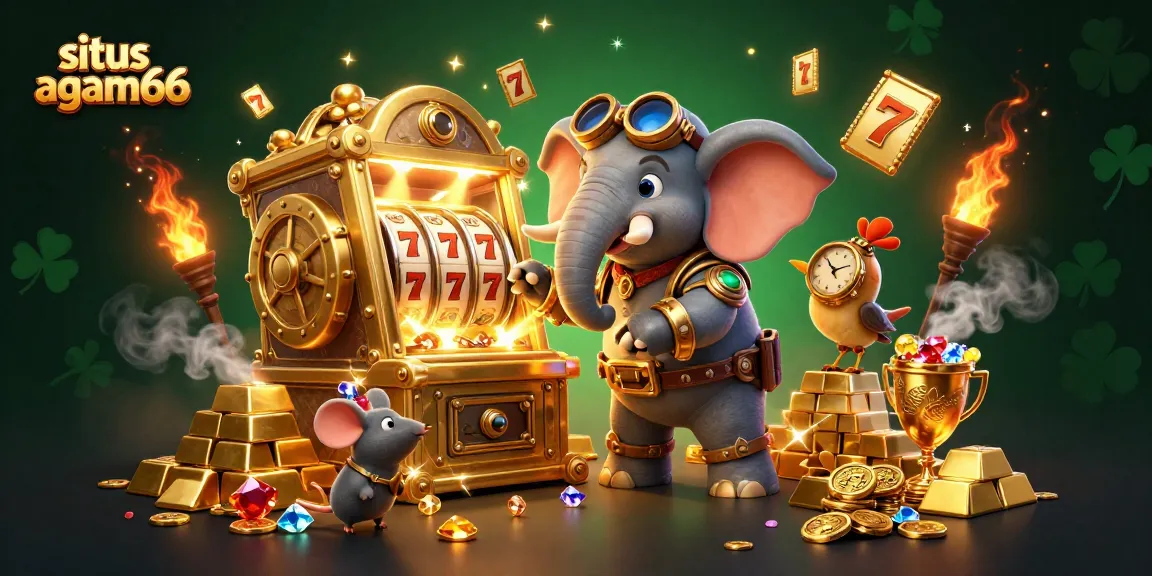 Situs agam66 showcases an engaging steampunk elephant engineer spinning a golden slot machine amidst treasures and jewels.