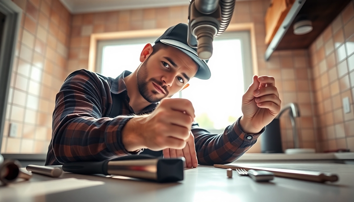 Plumber near me fixing a leaky pipe in a modern kitchen with professional tools.