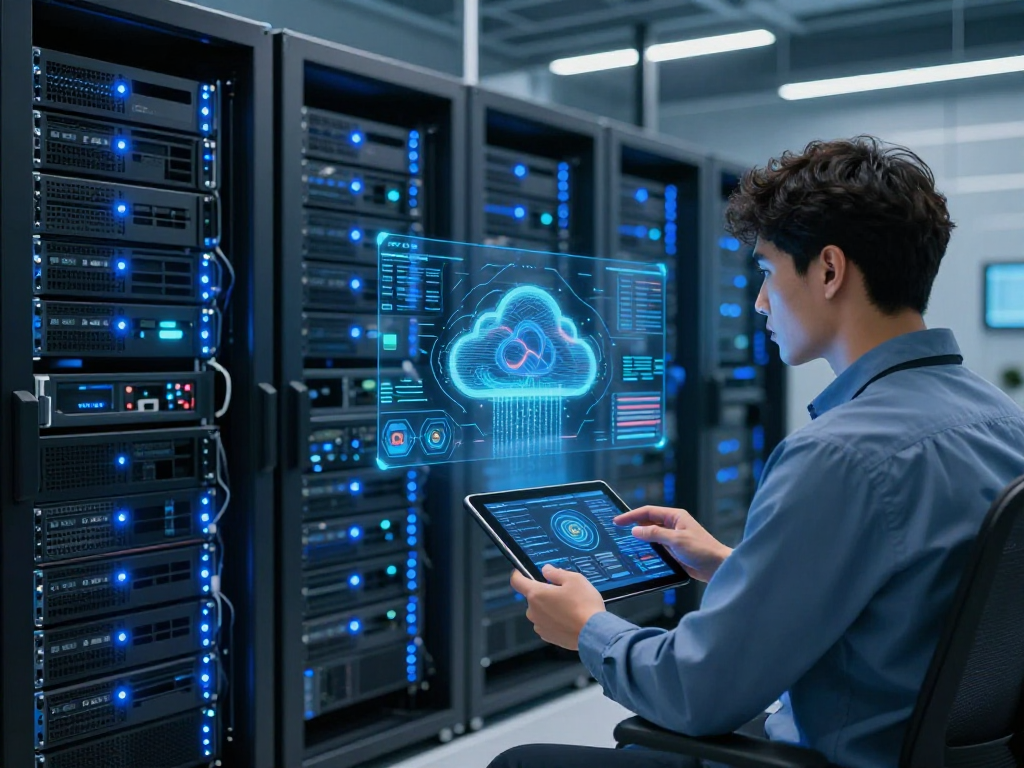 "Iptv UK: Cloud computing server visualisations in a modern data centre."