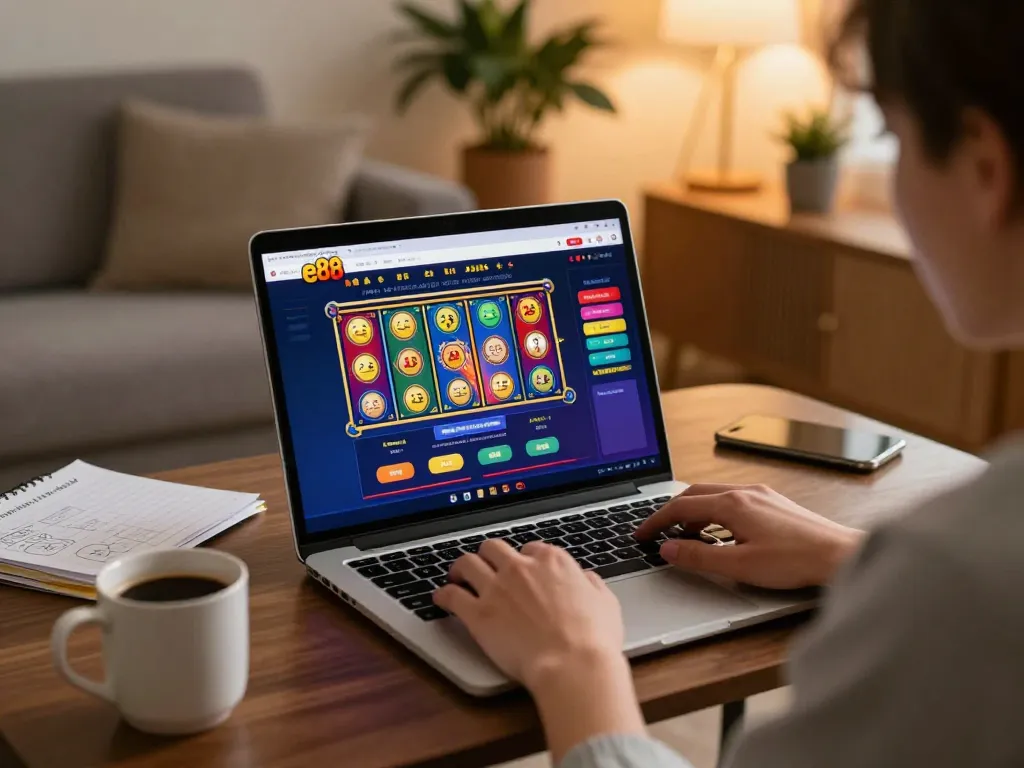 Player engaging with ee88 online casino interface on laptop, showcasing vibrant gaming options