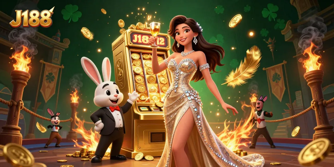 Experience the thrill of winning at J188 with a glamorous woman celebrating beside a jackpot machine.