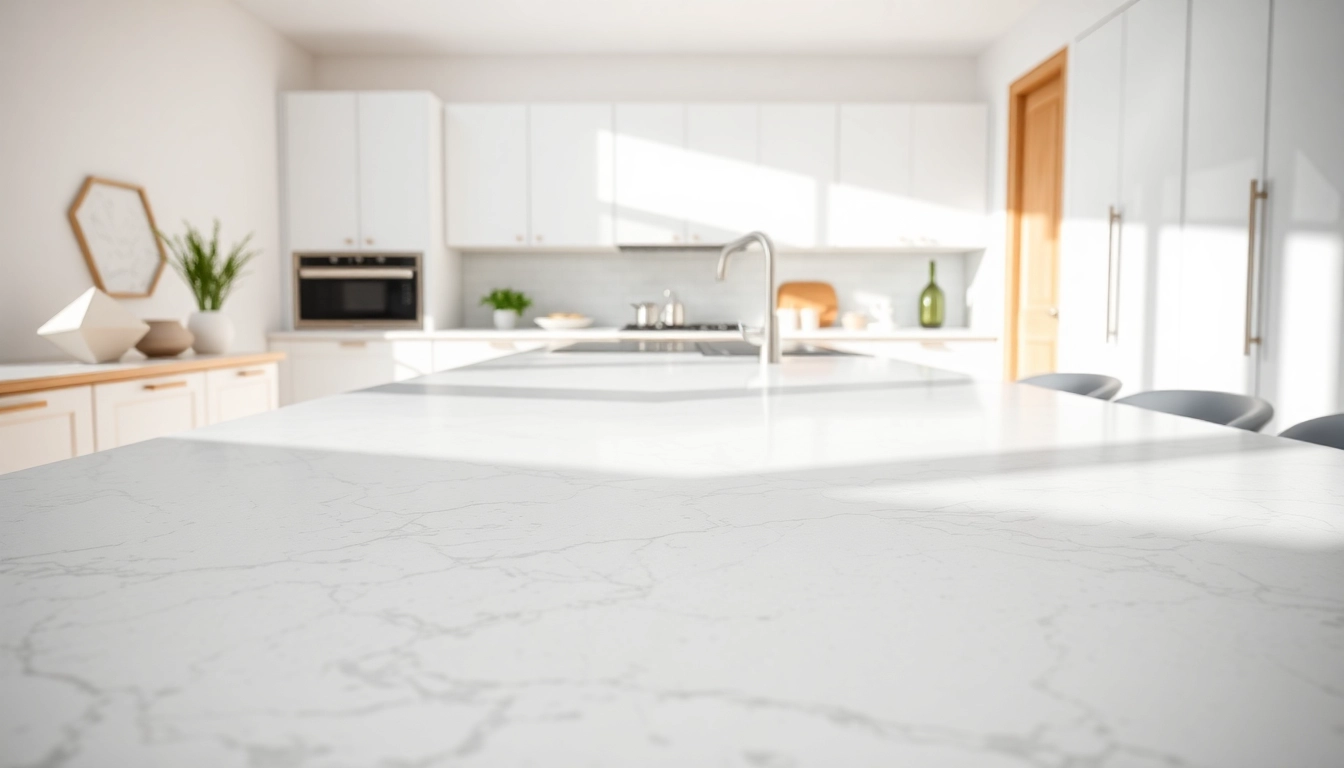 Stunning Quartz Kitchen Worktops displayed in a sleek, modern kitchen with natural light.